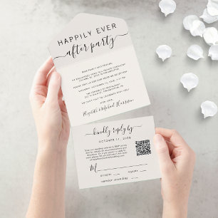 Happily Ever After QR Code Cream Wedding Reception All In One Invitation