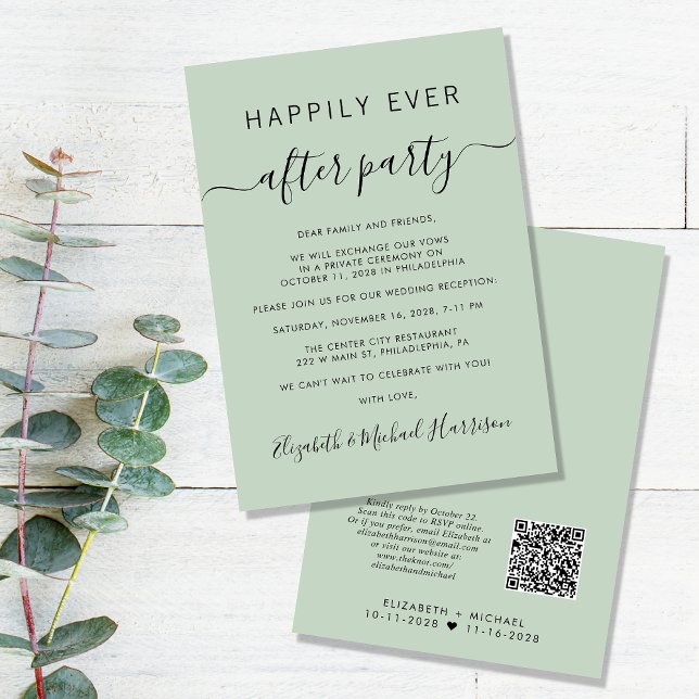 Happily Ever After QR Code Sage Wedding Reception Invitation (Creator Uploaded)