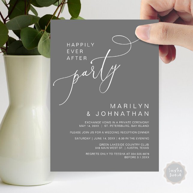Happily Ever After Reception Dinner and Dancing Invitation (Happily Ever After Reception Dinner and Dancing Cash Bar, Adult only Invitation Card PDF Dark Grey)