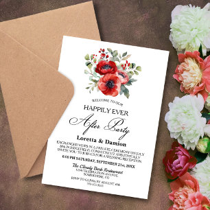 Happily Ever After Red Floral Wedding Reception Invitation
