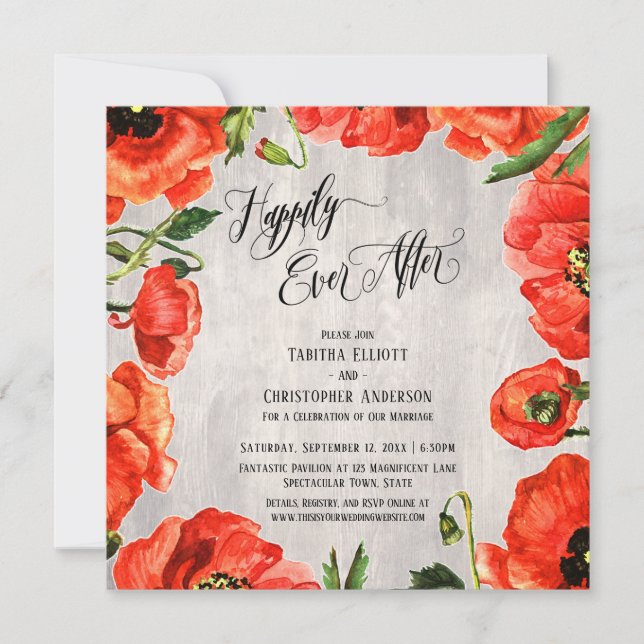 Happily Ever After Red Poppies on Wood Reception Invitation (Front)