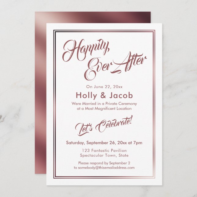 Happily Ever After Rose Gold Over White Reception Invitation (Front/Back)