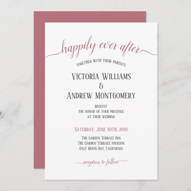 Happily Ever After Rose Gold Script Modern Wedding Invitation (Front/Back)
