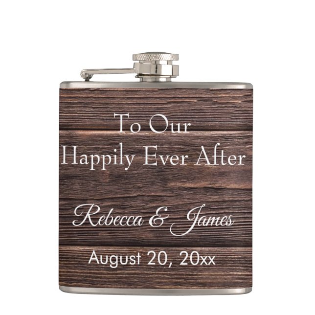 Happily Ever After Rustic Brown Wedding Monogram  Hip Flask (Front)