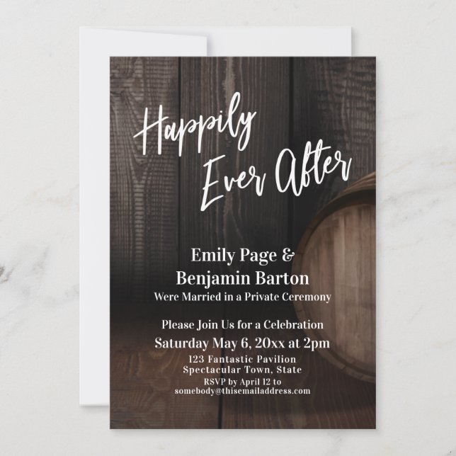 Happily Ever After Rustic Brown Wooden Barrel Invitation (Front)