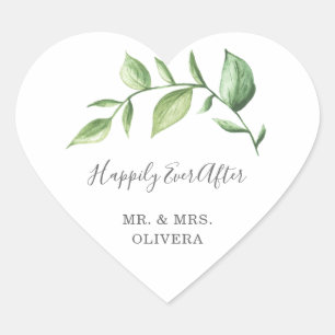 Happily Ever After Rustic Greenery Wedding Favour Heart Sticker
