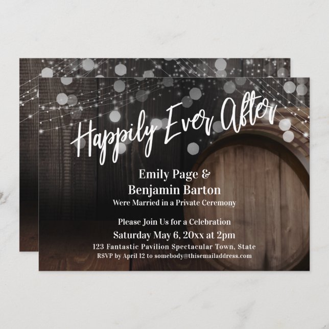 Happily Ever After Rustic Wood Barrel and Lights Invitation (Front/Back)