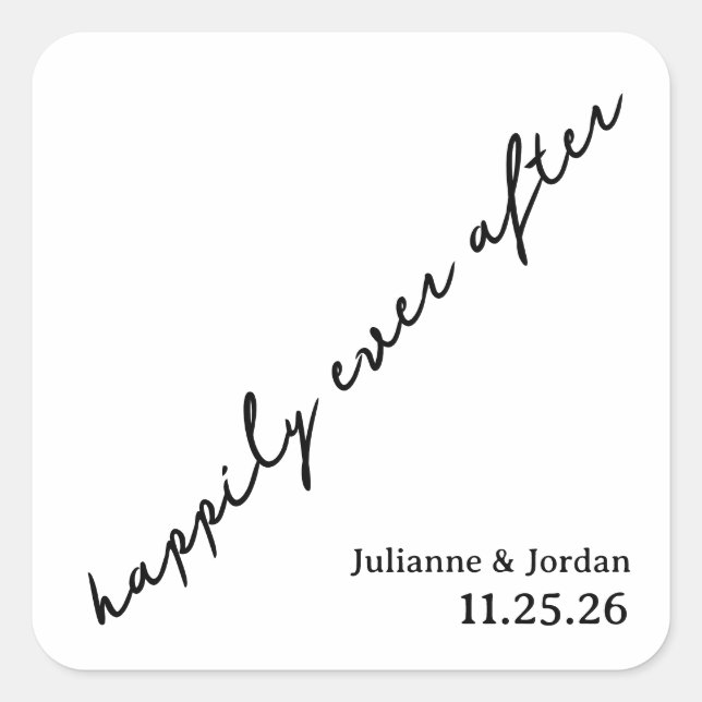 Happily Ever After Scribble Cursive Custom Wedding Square Sticker (Front)