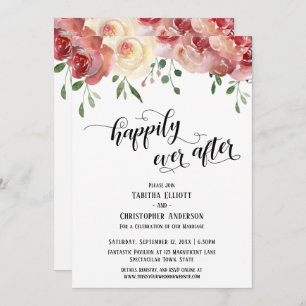 Happily Ever After Script, Burgundy, Blush Roses Invitation