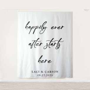 “Happily Ever After Starts Here” Wedding Backdrop Tapestry
