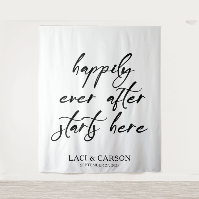“Happily Ever After Starts Here” Wedding Backdrop  Tapestry (Front)