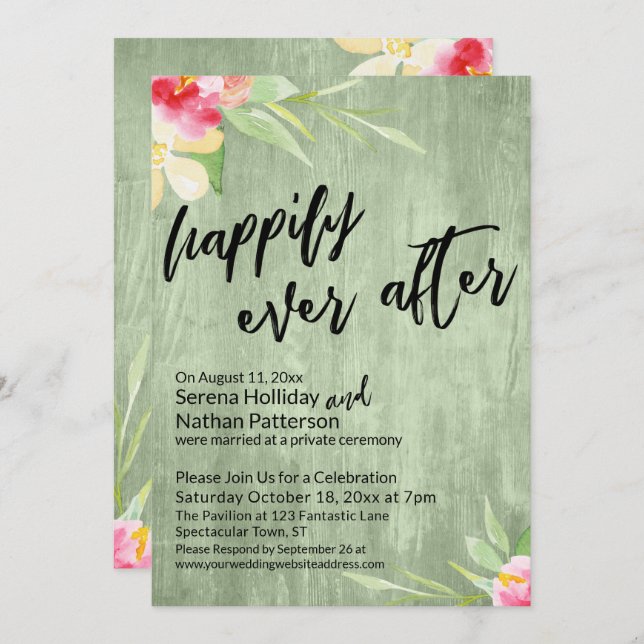 Happily Ever After Watercolor Flowers Green Wood Invitation (Front/Back)