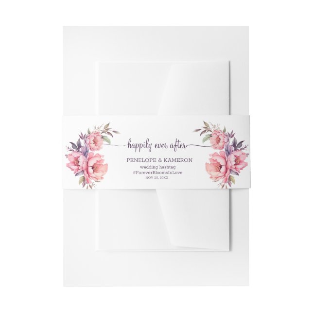 Happily Ever After Watercolor Peony Wedding Invitation Belly Band (Front Example)