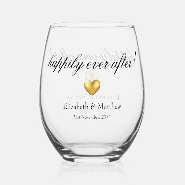 Happily Ever After Wedding day keepsake Stemless Wine Glass (Front)