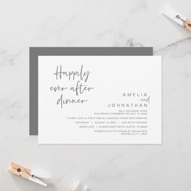 Happily Ever After Wedding Dinner, Dark Grey Invitation (Front/Back In Situ)