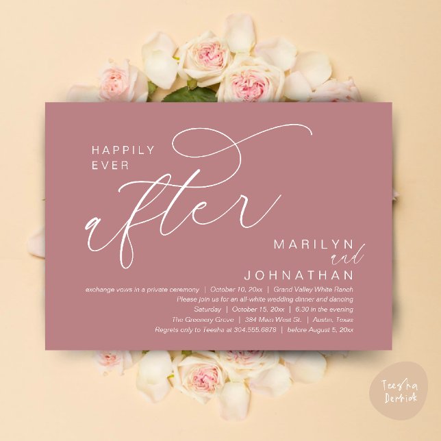 Happily Ever After Wedding Dinner Party Dancing Invitation (Romantic Happily Ever After Wedding Dinner Party Lunch Brunch Invitation PDF Card Dusty Rose Pink)