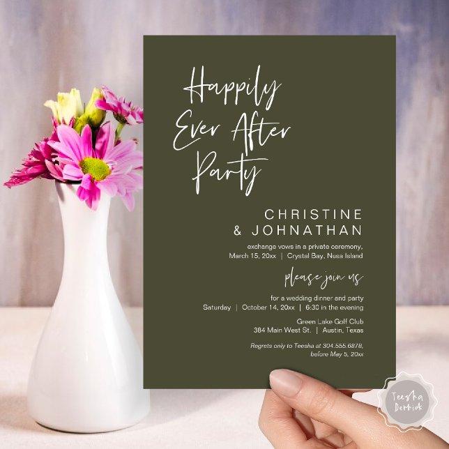 Happily Ever After, Wedding Elopement Dinner Party Invitation (Happily Ever After Party, Wedding Elopement Dinner Invitation Card, PDF, Modern, Olive Sage Green)