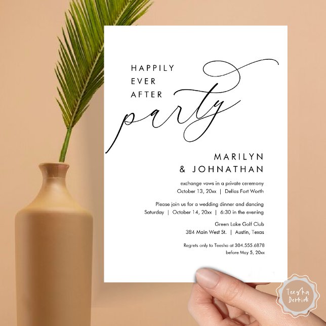 Happily Ever After Wedding Elopement Dinner Party Invitation (Happily Ever After Party, Modern Minimalist Wedding Dinner Invitation Card, PDF, Black and White)