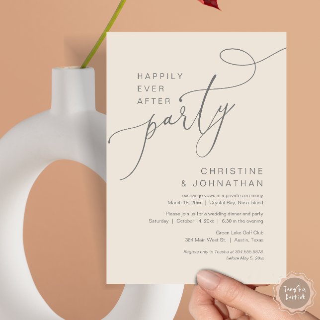 Happily Ever After Wedding Elopement Party Invitat Invitation (Happily Ever After Party, Wedding Elopement Brunch, Dinner or Lunch Invitation Card in Grey Cream)