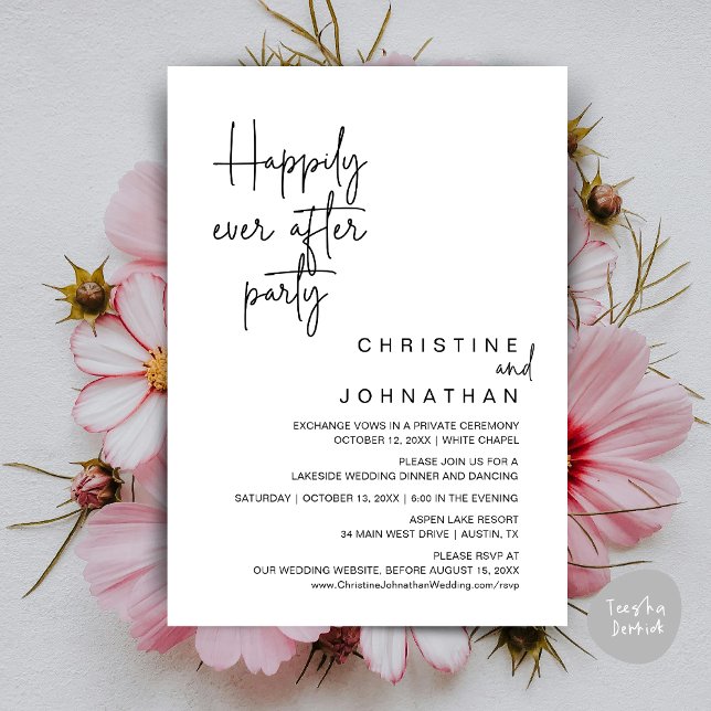 Happily Ever After Wedding Elopement Party Invitat Invitation (Happily Ever After Wedding Elopement Dinner Brunch Lunch Party Invites Card, PDF, White Black)