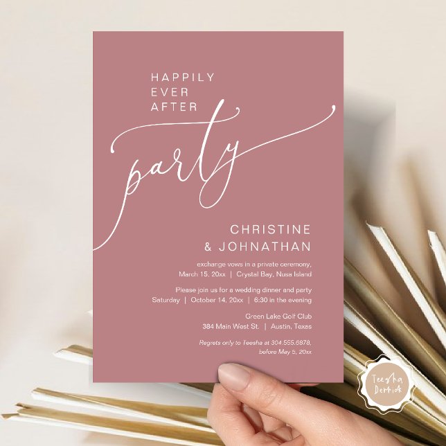Happily Ever After Wedding Elopement Party Invitation (Happily Ever After Party, Modern Romantic Wedding Elopement Dinner Invitation Card, in Dusty Rose )