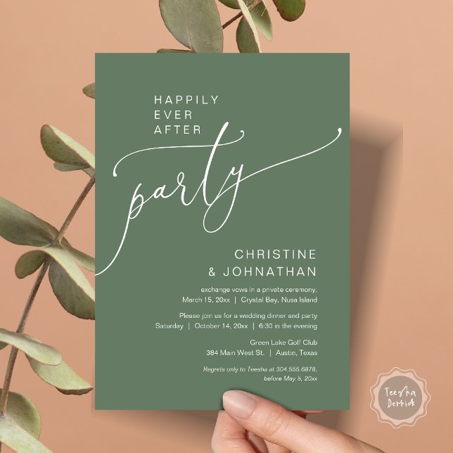 Happily Ever After Wedding Elopement Party Invitation (Happily Ever After Party, Modern Romantic Wedding Elopement Dinner Invitation Card, in Sage Green)