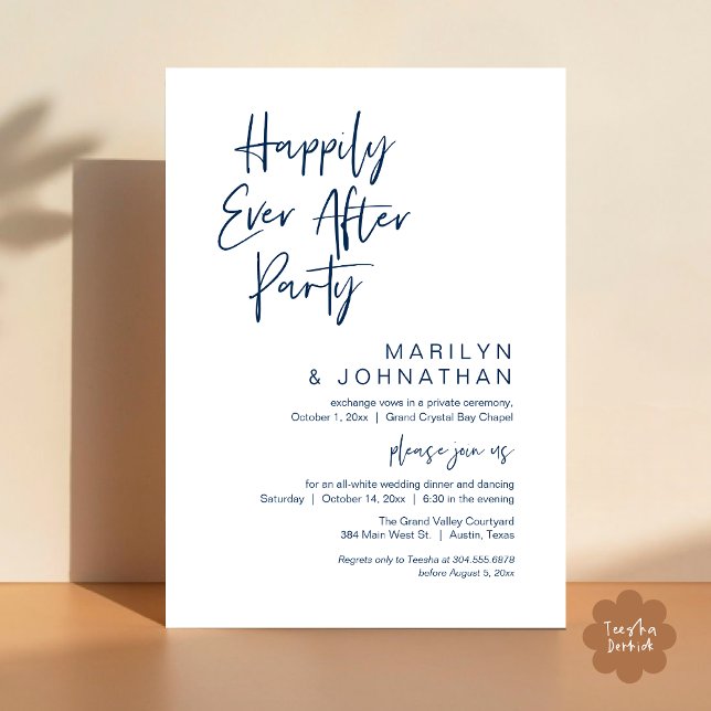 Happily Ever After, Wedding Elopement Party Invitation (Happily Ever After Party Invitation Card PDF Modern Wedding Dinner Dancing Classy Navy Blue)