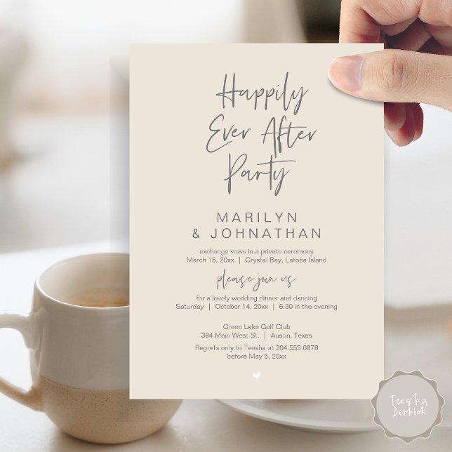 Happily Ever After, Wedding Elopement Party Invitation (Happily Ever After, Wedding Elopement Modern Summer Party Invitation Card, PDF, in Cream Dark Grey)