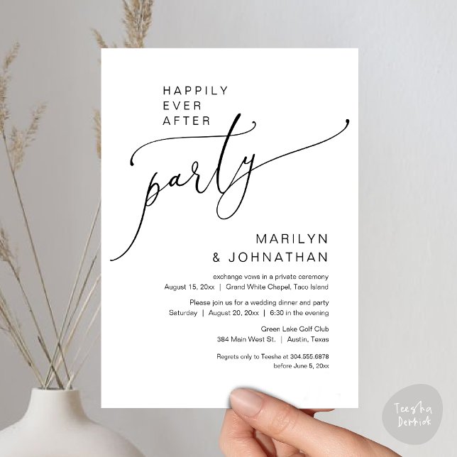 Happily Ever After Wedding Elopement Party Invitation (Happily Ever After Wedding Elopement Party Invitation Card, PDF, Modern Romantic, Black White)