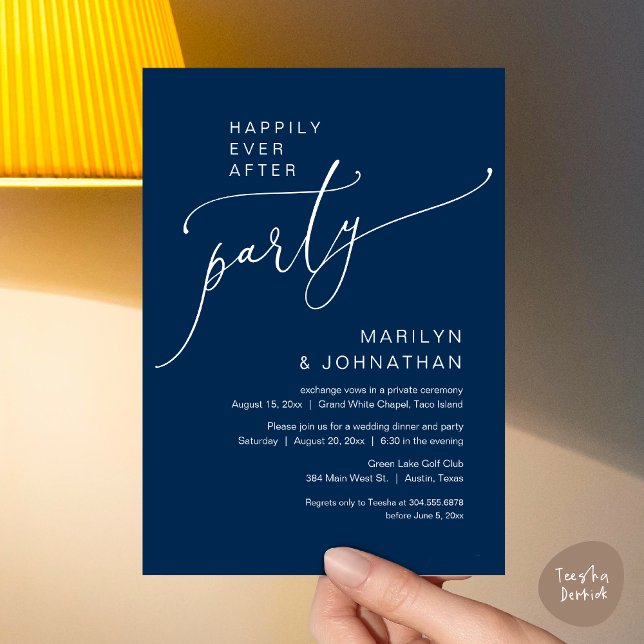 Happily Ever After Wedding Elopement Party Invitation (Happily Ever After Wedding Elopement Party Invitation Card, PDF, Modern Romantic, Navy Blue)