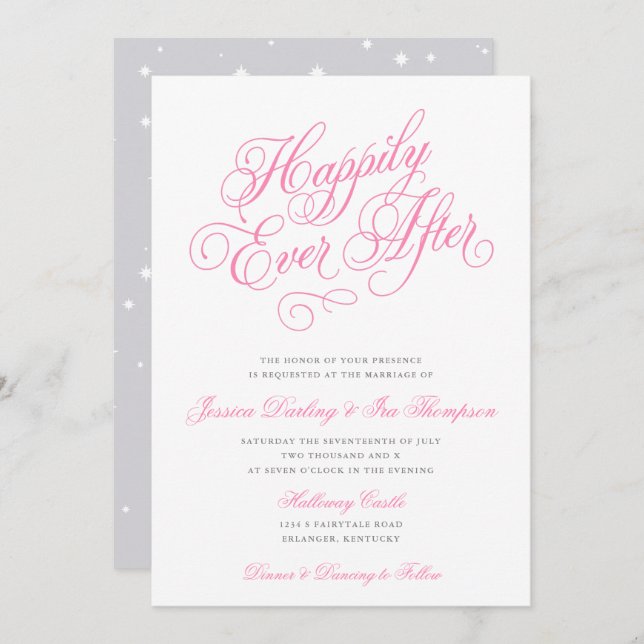 Happily Ever After Wedding Invitation Pink & Grey (Front/Back)