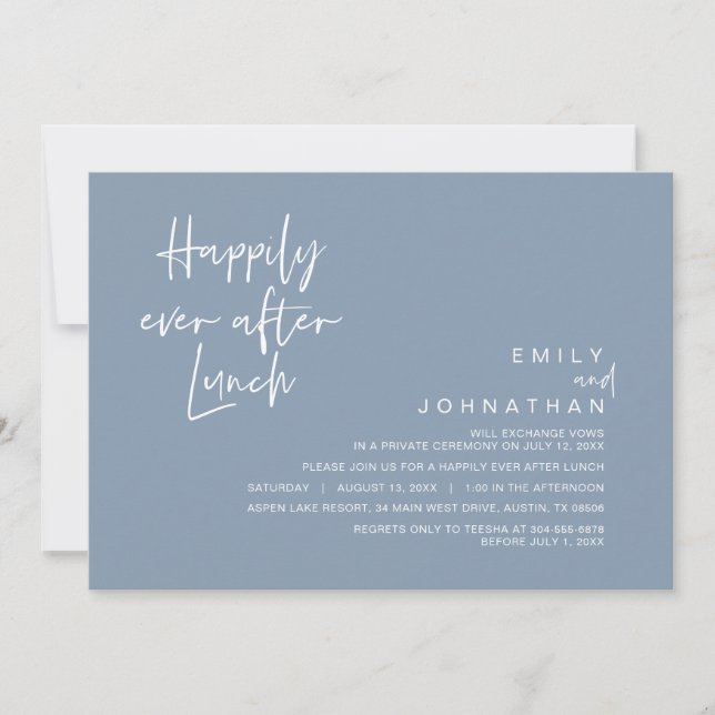 Happily Ever After Wedding Lunch, Dusty Blue Invitation (Front)