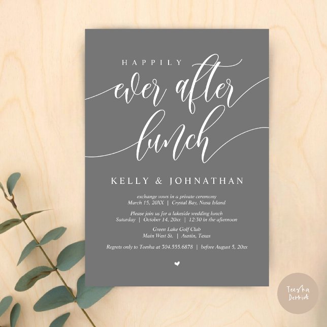 Happily Ever After Wedding Lunch, in Dark Grey Invitation (Happily Ever After Wedding Lunch Invitation Card, PDF, Modern Calligraphy, in Dark Grey)