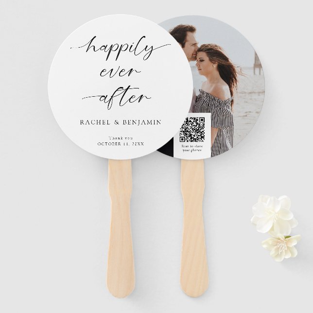 Happily Ever After Wedding Minimal QR Code Photo Hand Fan (Front and Back)