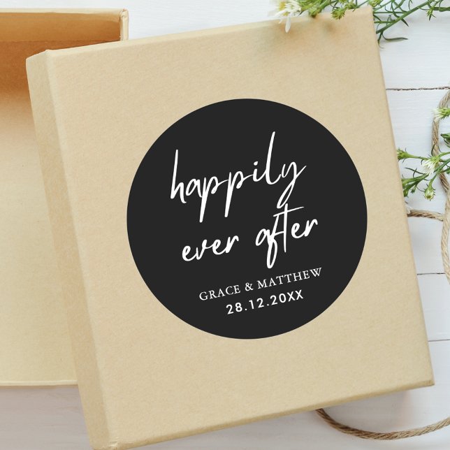 Happily Ever After Wedding Party Black and White  Classic Round Sticker (Creator Uploaded)