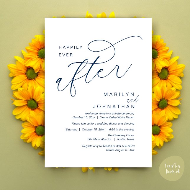 Happily Ever After Wedding Party Dinner Dancing Invitation (Romantic Happily Ever After Wedding Dinner Party Lunch Brunch Invitation PDF Card Navy Blue)