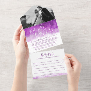 Happily ever after wedding party photo mauve all in one invitation