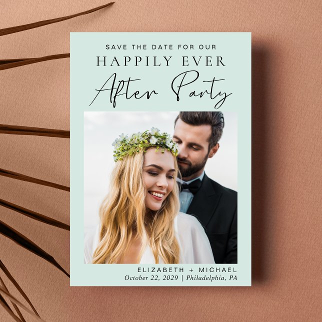 Happily Ever After Wedding Photo Reception Mint Save The Date (A stylish save the date announcement for a reception to celebrate your elopement or private wedding)
