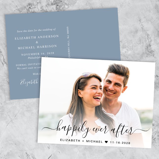Happily Ever After Wedding Photo Save the Date Announcement Postcard (A chic dusty blue happily ever after photo save the date announcement)