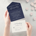 Happily Ever After Wedding Reception Navy Blue All In One Invitation<br><div class="desc">Modern elopement or smaller wedding announcement and reception all in one invitation with a dark navy blue background with light cream text. "Happily Ever After Party" is written in a mix of simple typography and a trendy script with swashes. A tear away RSVP postcard provides a convenient and eco-friendly and...</div>
