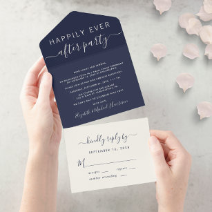 Happily Ever After Wedding Reception Navy Blue All In One Invitation