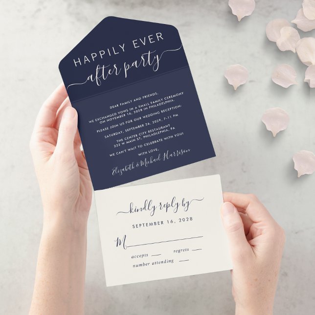 Happily Ever After Wedding Reception Navy Blue All In One Invitation (Creator Uploaded)