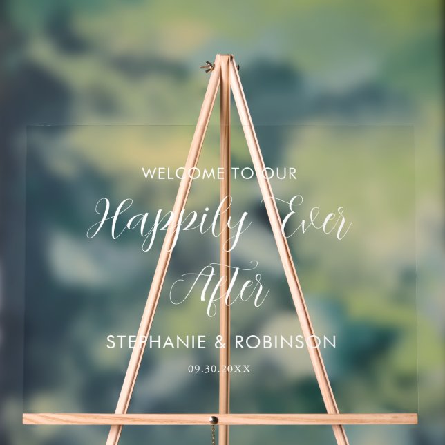 Happily Ever After Wedding Reception Welcome Acrylic Sign (Neutral)