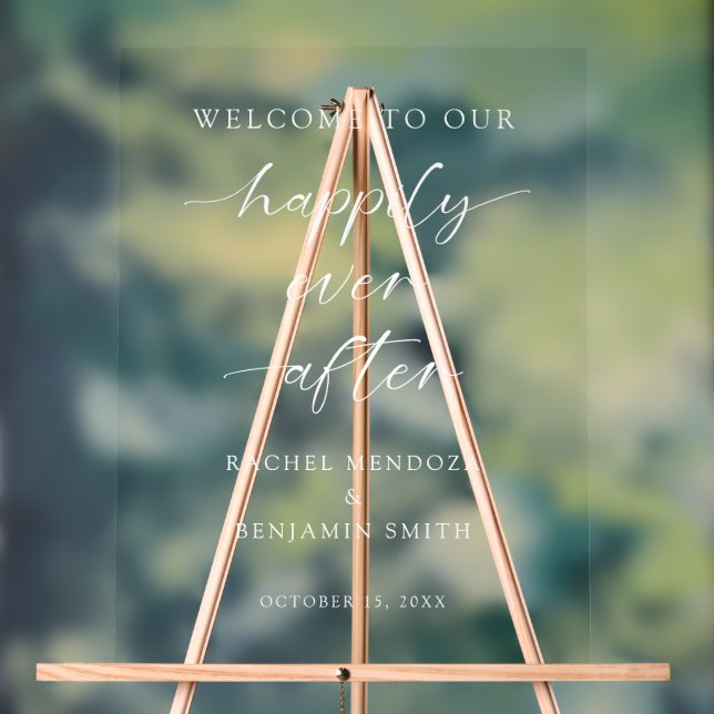 Happily Ever After Wedding Welcome Script Minimal Acrylic Sign (Neutral)