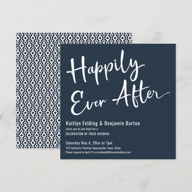 Happily Ever After White on Dark Blue Reception Invitation (Front/Back)