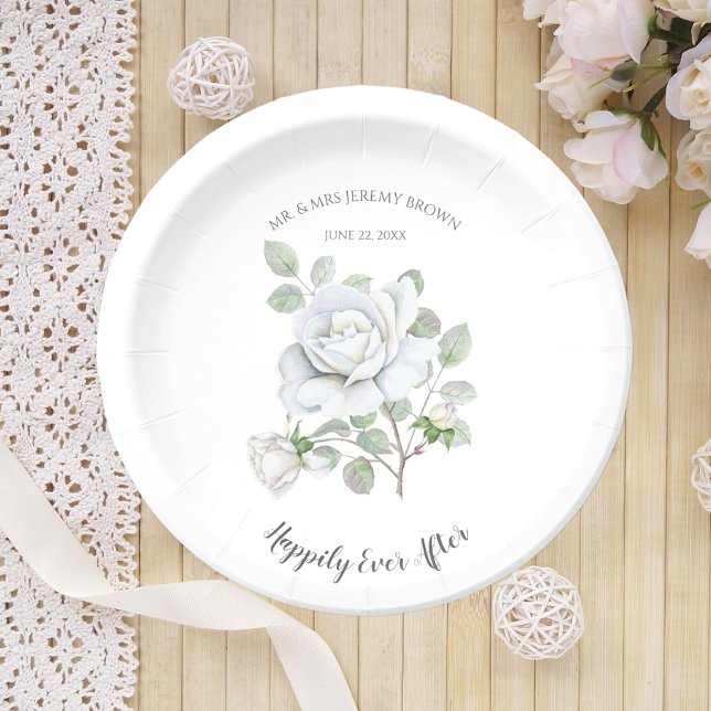 Happily Ever After White Rose Wedding Paper Plates (Creator Uploaded)