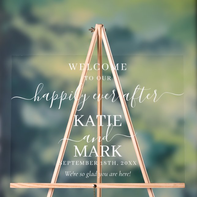 Happily Ever After White Welcome Transparent  Acrylic Sign (Neutral)