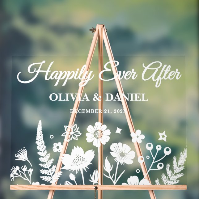 Happily Ever After Wildflower Wedding Welcome Acrylic Sign (Neutral)