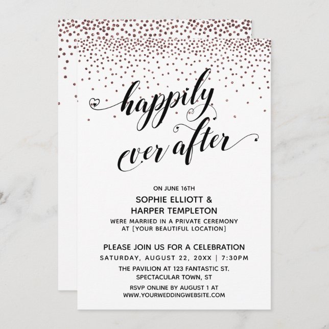 Happily Ever Ever Hearts Script Rose Gold Confetti Invitation (Front/Back)
