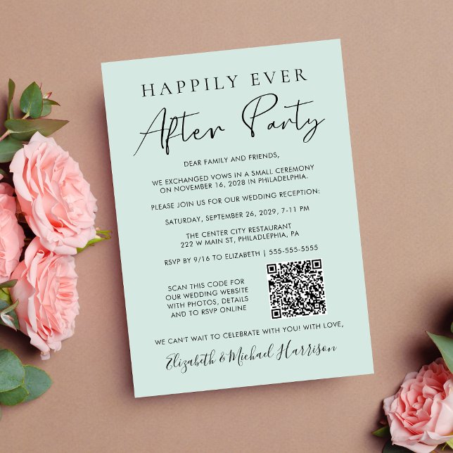 Happily Every After Photo QR Code Mint Wedding Announcement (Input your wedding website address to automatically generate a scannable QR code)